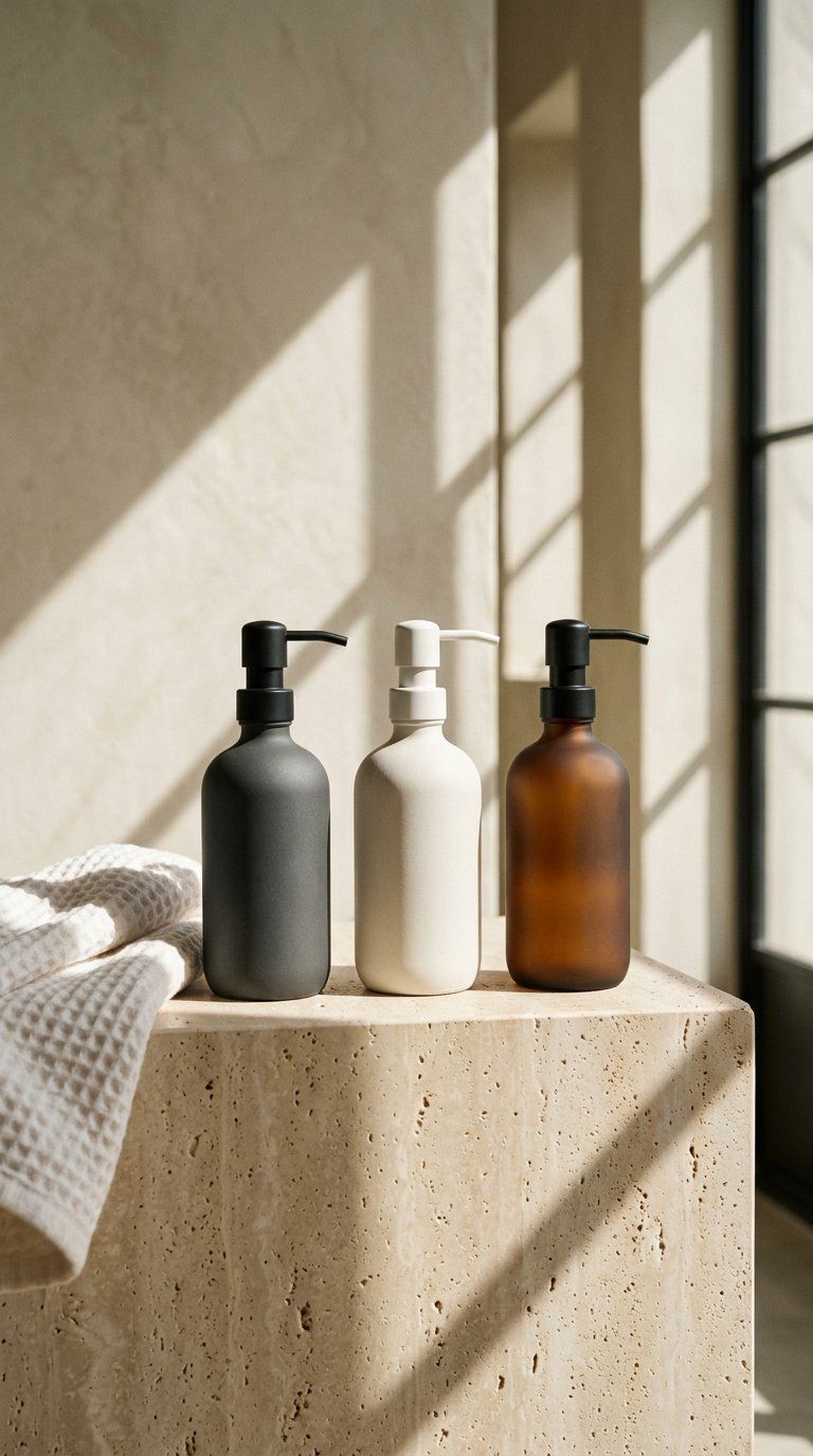 Refillable guest amenity dispensers specified for a hotel bathroom